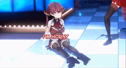 a girl in a red dress is sitting on the floor with the words i 'm horny above her