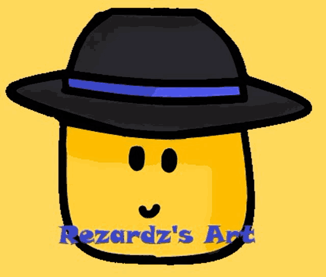 a yellow smiley face wearing a black hat with the words rezardz 's art written below it