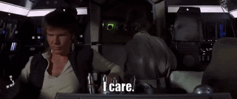 han solo is sitting in the cockpit of a space ship and says i care .