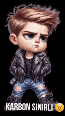 a cartoon of a boy wearing a leather jacket with the words karbon sinirli below him
