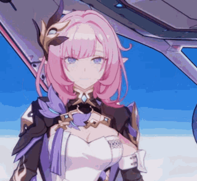 a girl with pink hair and blue eyes is standing in front of an airplane