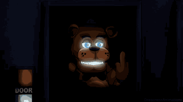 a cartoon of a teddy bear giving the middle finger in front of a door that says door