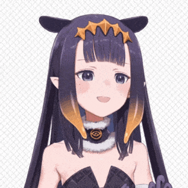 a close up of a girl with purple hair and horns