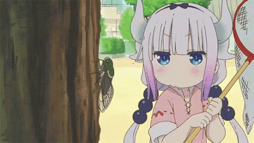 a girl with horns is standing next to a tree holding a net and looking at a bug .