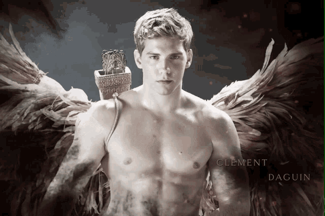 a shirtless man with angel wings and the name clement on the bottom