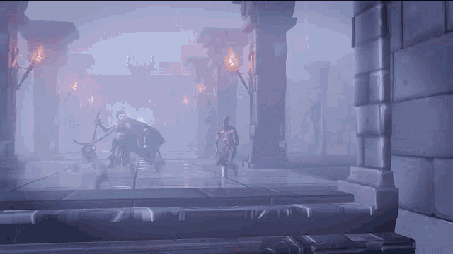 a group of people standing in a foggy room with candles hanging from the pillars