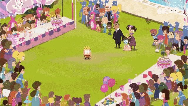a group of people are gathered around a table with a cake on it