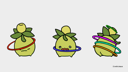 three cartoon characters with hula hoops around their head