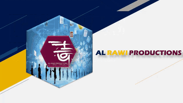 a logo for al rawi productions is shown on a blue and white background