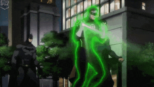batman and green lantern are standing next to each other in a city