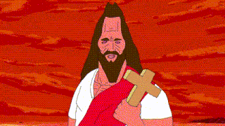 a cartoon of jesus holding a cross with the words did you for above him