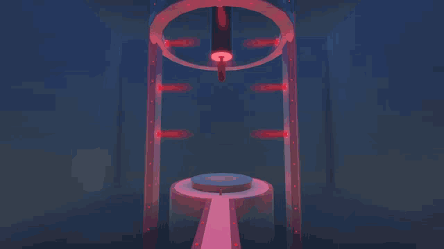 a dark room with red lights and a circular object in the center