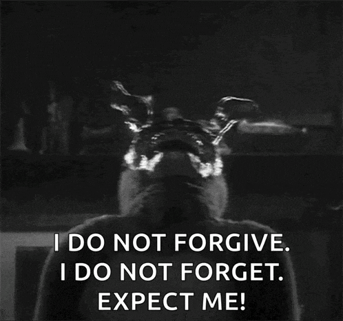 a black and white photo of a rabbit with the words " i do not forgive i do not forget expect me " on the bottom