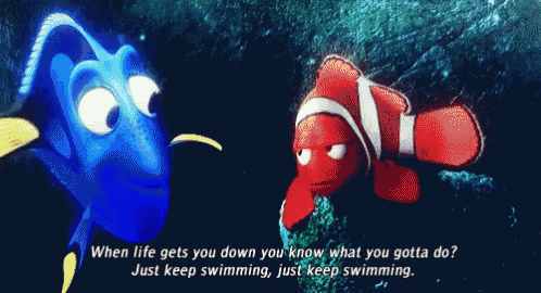 a clown fish is talking to a blue fish with the words " when life gets you down you know what you gotta do "