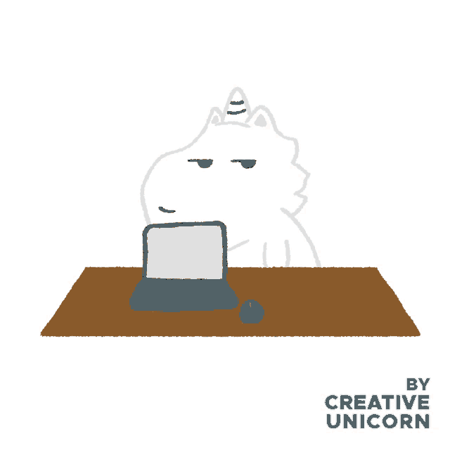 a cartoon of a white unicorn sitting at a desk with a laptop