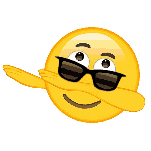 a yellow smiley face wearing sunglasses and covering his mouth
