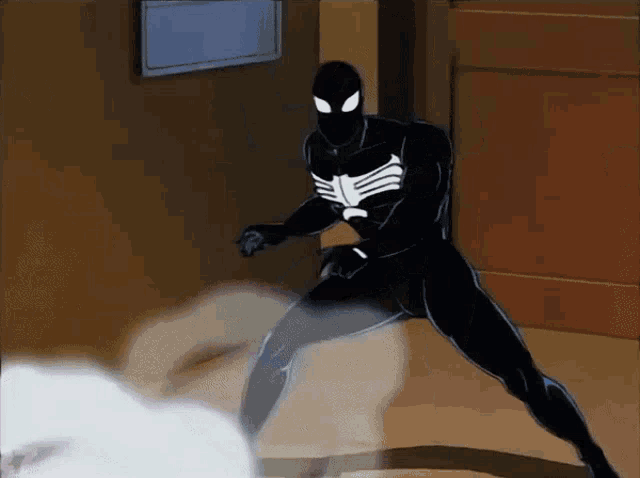 a cartoon of a man in a black spiderman costume
