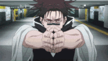 a cartoon character is standing in a parking garage with his hands in his fist .