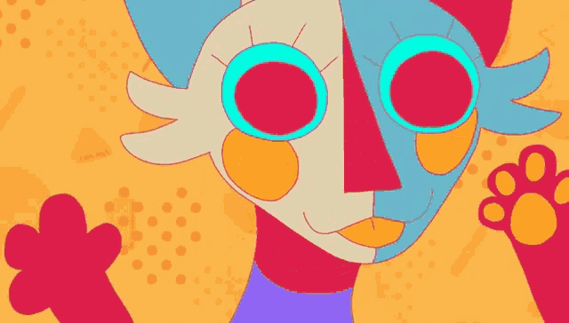 a close up of a colorful cartoon character 's face with circles in the eyes .