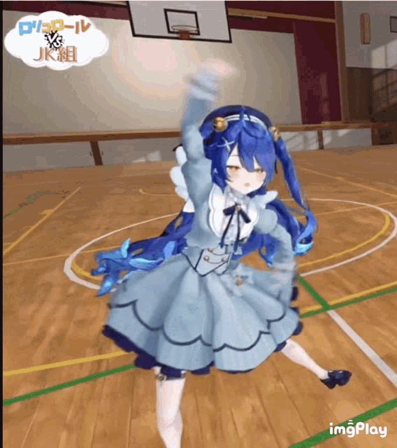 a girl in a blue dress is on a basketball court with a sign that says imgplay on it