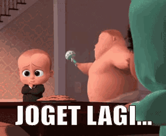 a baby from the boss baby is looking at a fat man holding a pacifier