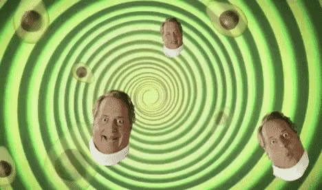 a green spiral with a man 's head in the middle .