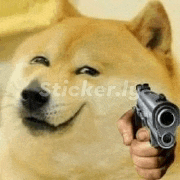 a doge is holding a gun in its hand and smiling .