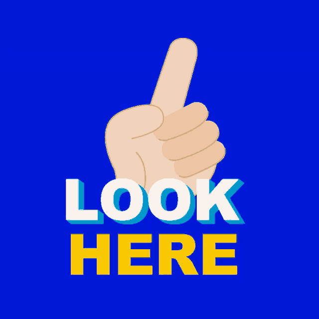a blue background with a hand pointing up and the words look here below it