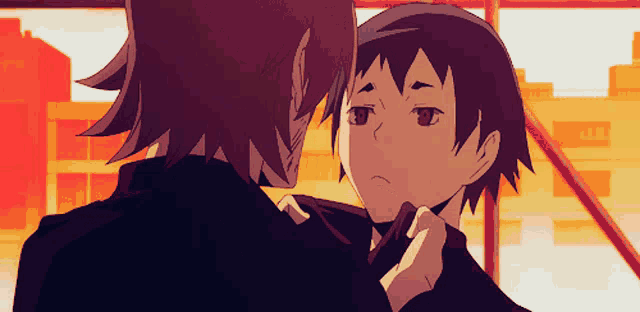 a couple of anime characters looking at each other with buildings in the background