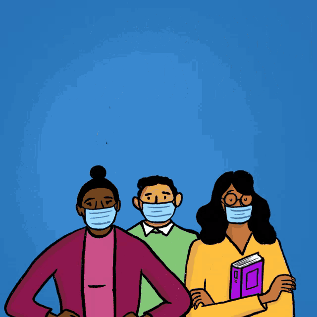 a cartoon of people wearing face masks with the words " niños y maestros prosperan "