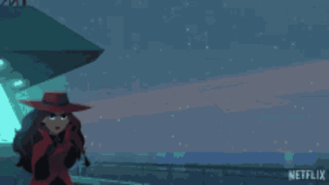 a cartoon of a woman wearing a red hat and a red coat .