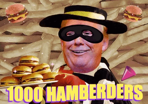 a man in a mask is holding a tray of hamburgers and the words 1000 hamberders are above him