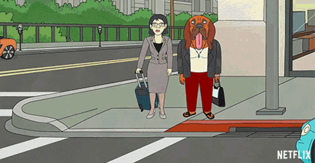 a cartoon of a woman and a dog standing on a sidewalk with a netflix logo in the corner