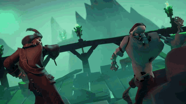a cartoon of a man standing next to a skeleton in a video game