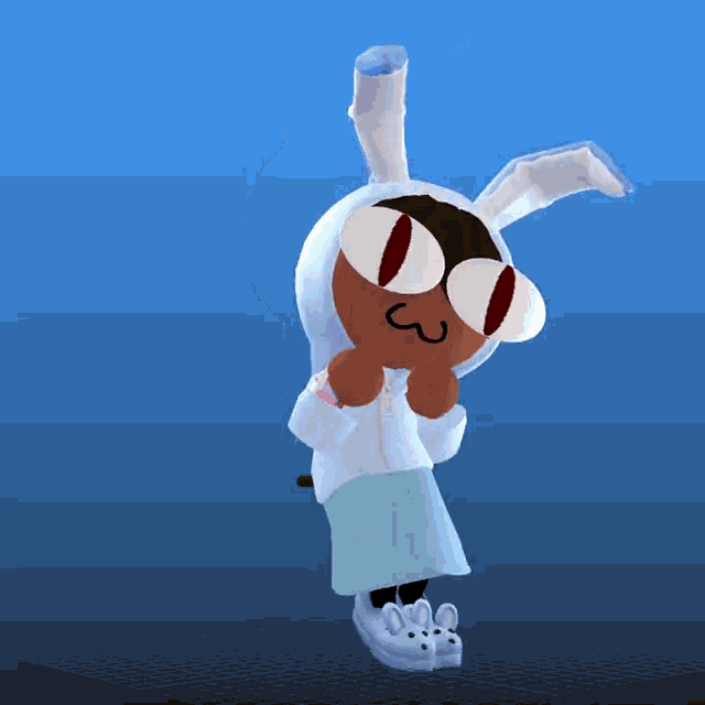a cartoon character is wearing a white bunny hooded jacket