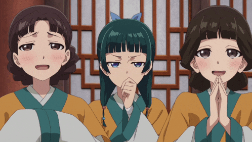 three anime girls are standing next to each other with their hands folded in prayer