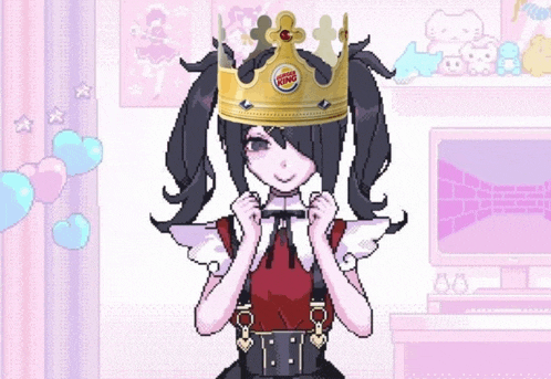 the girl is wearing a burger king crown on her head .