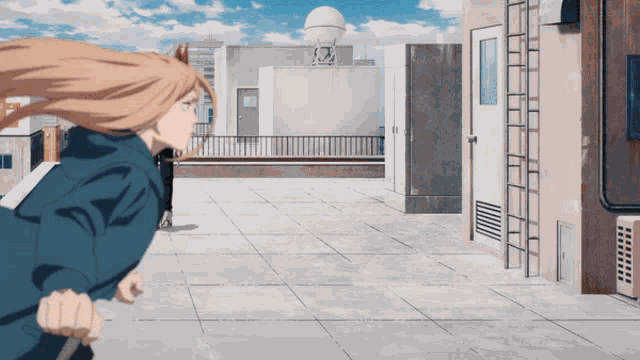 a girl with long blonde hair is running on a tiled floor