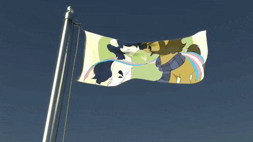 a flag with a picture of two ponies kissing is flying in the wind