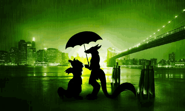 a silhouette of two animals holding an umbrella in the rain
