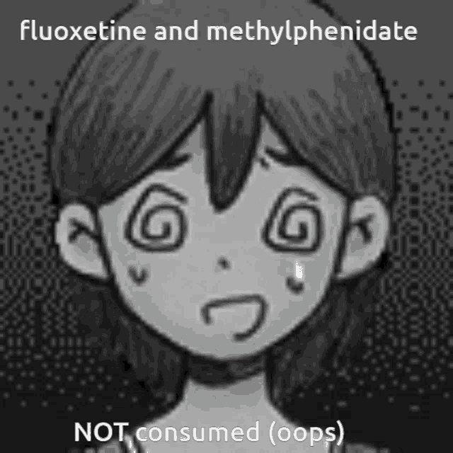 a black and white drawing of a girl with the words fluoxetine and methylphenidate next to it