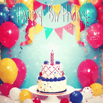 a birthday cake is surrounded by balloons and a banner that says " happy birthday "