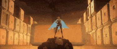 a woman with blue wings is standing on top of a man
