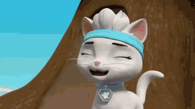 a cartoon cat is wearing a blue headband and smiling with her eyes closed .