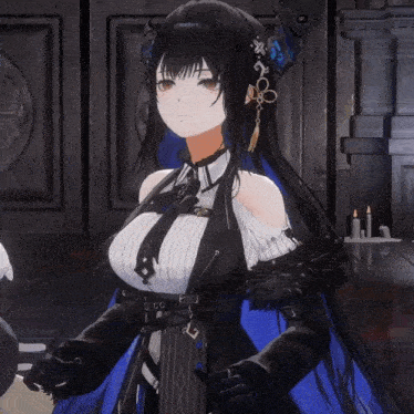 a girl with long black hair is wearing a black top and a blue cape