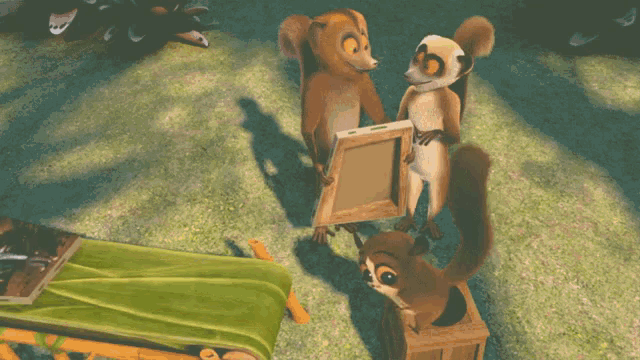 a group of cartoon animals are standing in the grass holding a picture