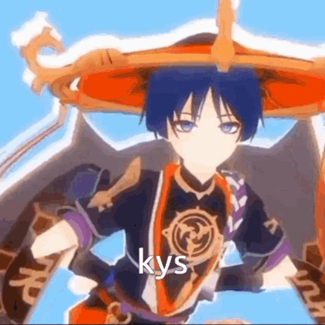 a cartoon character with blue hair and a red hat is holding a sword and shield .