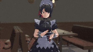 a girl in a maid outfit is standing in a restaurant