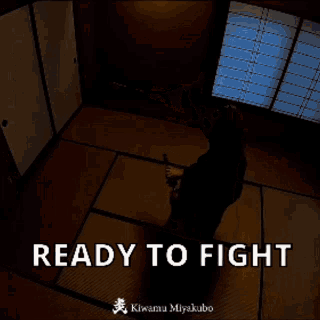 a man is holding a sword in a room with the words ready to fight written on the bottom