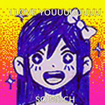 a cartoon girl with blue hair and a bow on her head is smiling and says `` i love you '' .